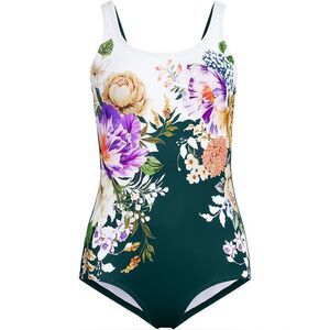 Land's End Plus Size soft cup 1 piece swimsuit Deep balsam floral placement Var